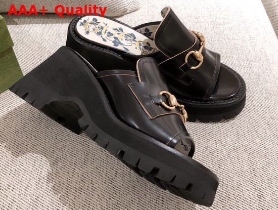 Gucci Womens Mid Heel Slide Sandal with Horsebit Black Leather 645396 Replica