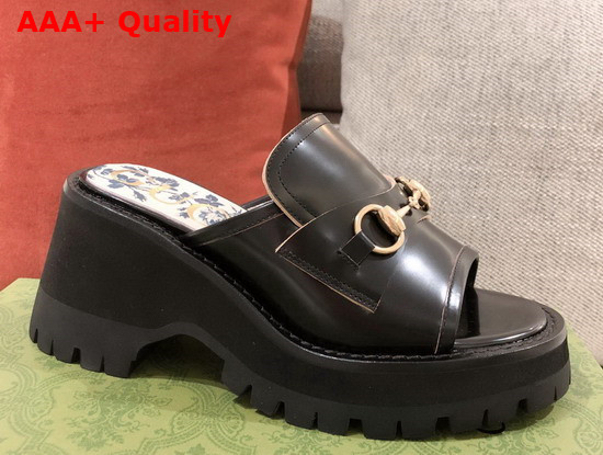 Gucci Womens Mid Heel Slide Sandal with Horsebit Black Leather 645396 Replica