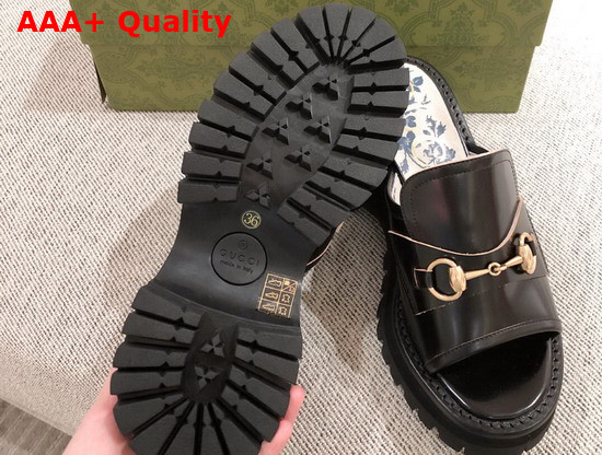 Gucci Womens Mid Heel Slide Sandal with Horsebit Black Leather 645396 Replica