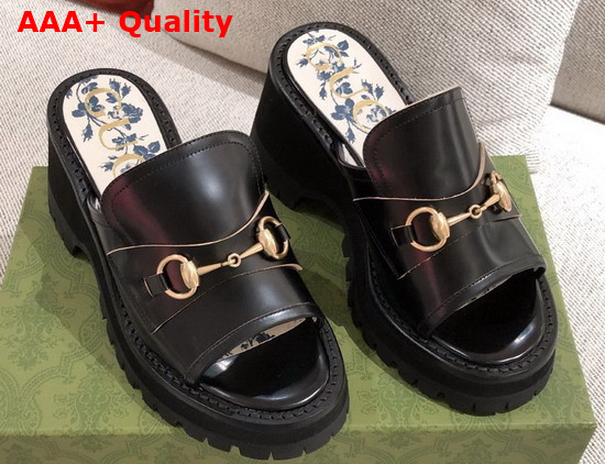 Gucci Womens Mid Heel Slide Sandal with Horsebit Black Leather 645396 Replica