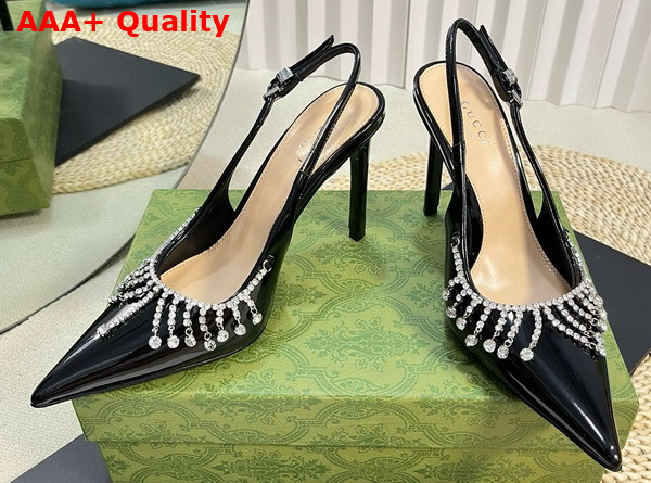Gucci Womens Pump with Crystal Chain Black Patent Leather 805306 Replica