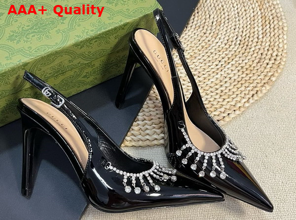 Gucci Womens Pump with Crystal Chain Black Patent Leather 805306 Replica