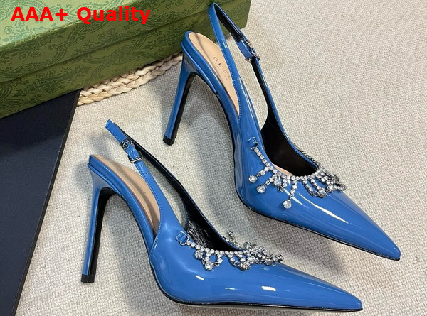 Gucci Womens Pump with Crystal Chain Blue Patent Leather 805306 Replica
