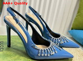 Gucci Womens Pump with Crystal Chain Blue Patent Leather 805306 Replica