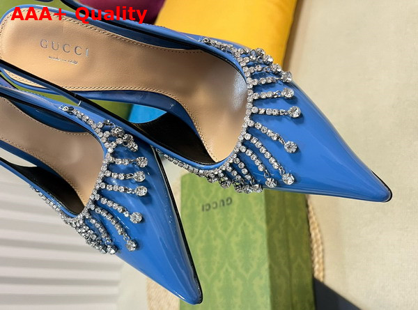 Gucci Womens Pump with Crystal Chain Blue Patent Leather 805306 Replica