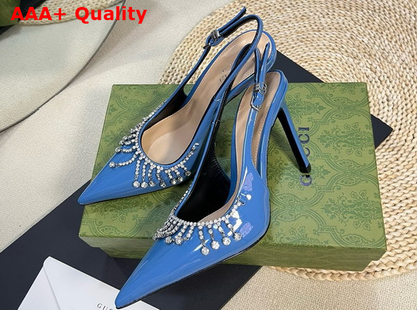 Gucci Womens Pump with Crystal Chain Blue Patent Leather 805306 Replica