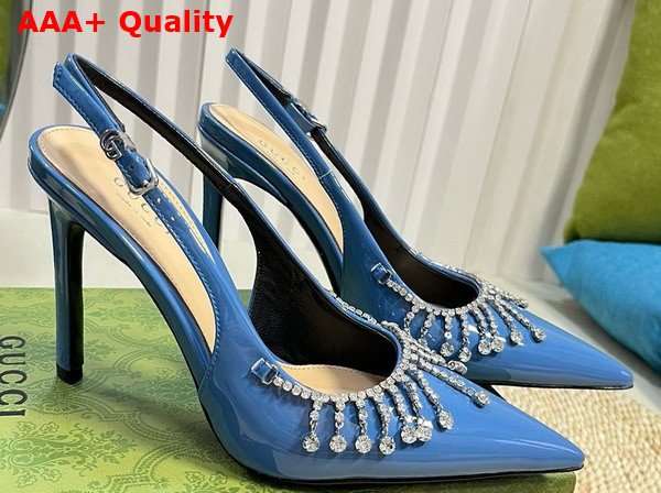Gucci Womens Pump with Crystal Chain Blue Patent Leather 805306 Replica