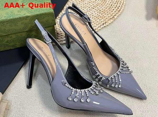 Gucci Womens Pump with Crystal Chain Light Grey Patent Leather 805306 Replica