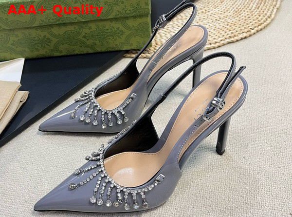 Gucci Womens Pump with Crystal Chain Light Grey Patent Leather 805306 Replica
