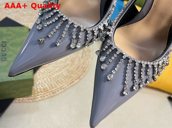Gucci Womens Pump with Crystal Chain Light Grey Patent Leather 805306 Replica