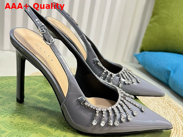 Gucci Womens Pump with Crystal Chain Light Grey Patent Leather 805306 Replica