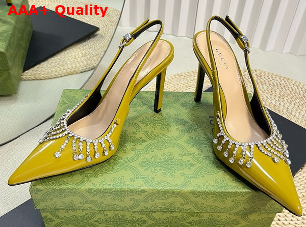 Gucci Womens Pump with Crystal Chain Olive Green Patent Leather 805306 Replica
