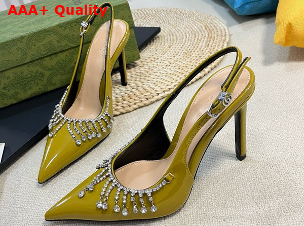 Gucci Womens Pump with Crystal Chain Olive Green Patent Leather 805306 Replica