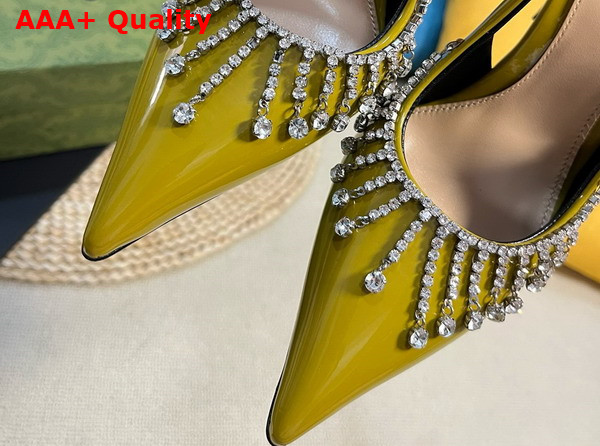 Gucci Womens Pump with Crystal Chain Olive Green Patent Leather 805306 Replica