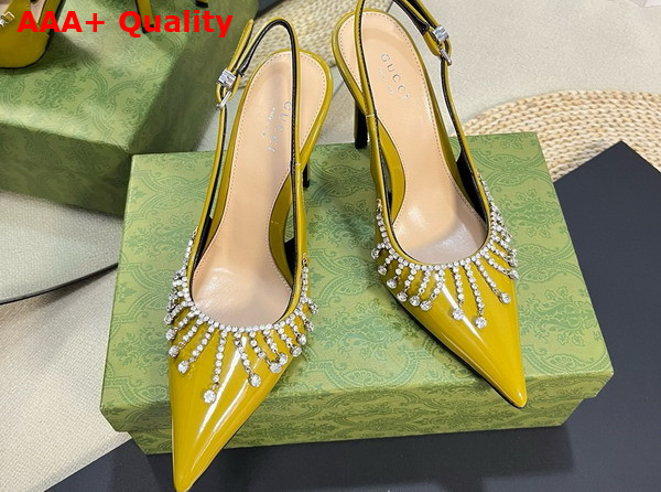 Gucci Womens Pump with Crystal Chain Olive Green Patent Leather 805306 Replica