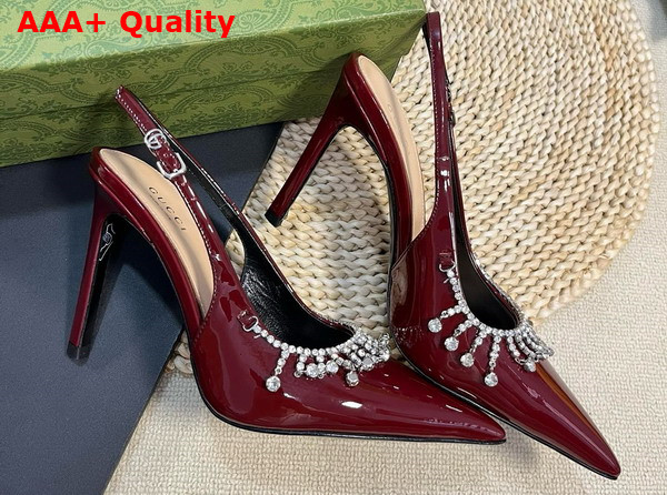 Gucci Womens Pump with Crystal Chain Rosso Ancora Red Patent Leather 805306 Replica