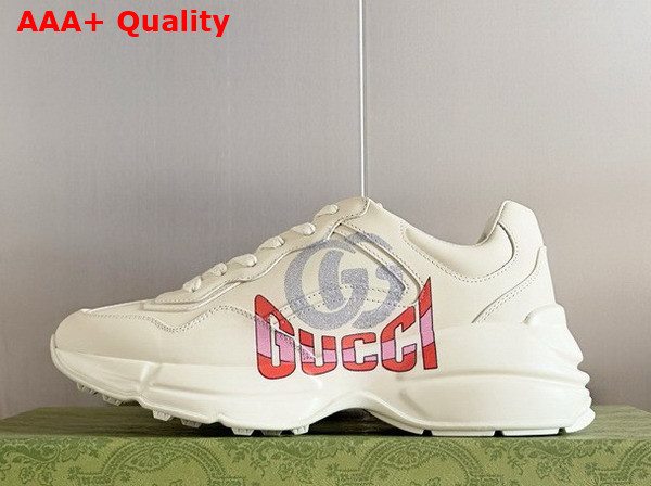 Gucci Womens Rhyton Sneaker in Ivory Leather with Double G Gucci Print 800243 Replica