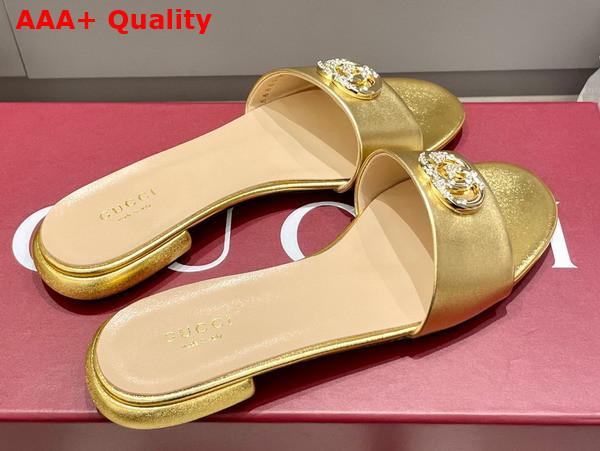Gucci Womens Slide Sandal with Double G Gold Leather Replica