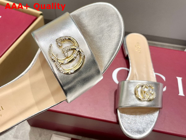 Gucci Womens Slide Sandal with Double G Silver Leather Replica