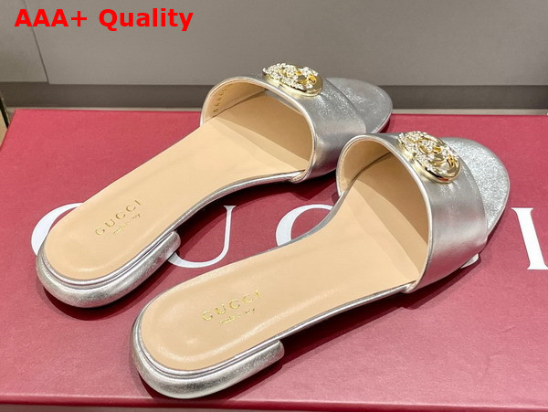 Gucci Womens Slide Sandal with Double G Silver Leather Replica