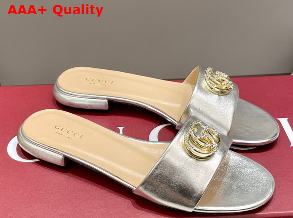Gucci Womens Slide Sandal with Double G Silver Leather Replica