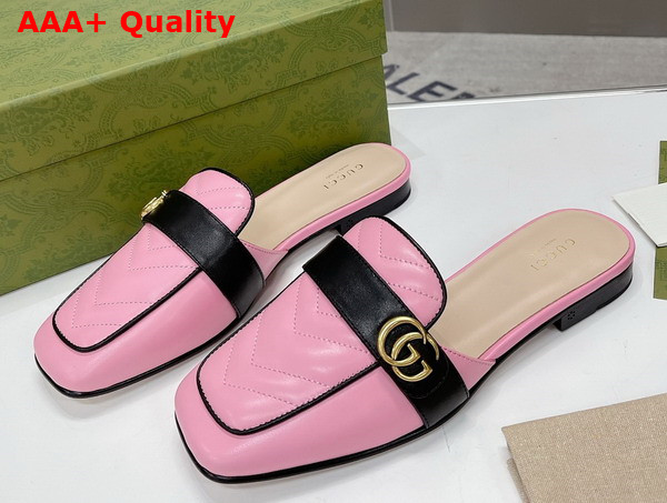 Gucci Womens Slipper with Double G Pink Leather with Matelasse Chevron Insert 670398 Replica