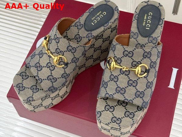 Gucci Womens Wedge Sandal with Horsebit Beige and Blue GG Canvas 816328 Replica