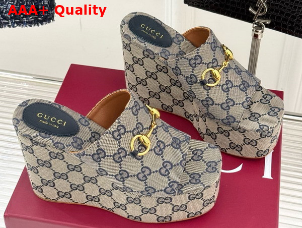Gucci Womens Wedge Sandal with Horsebit Beige and Blue GG Canvas 816328 Replica