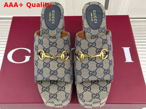 Gucci Womens Wedge Sandal with Horsebit Beige and Blue GG Canvas 816328 Replica