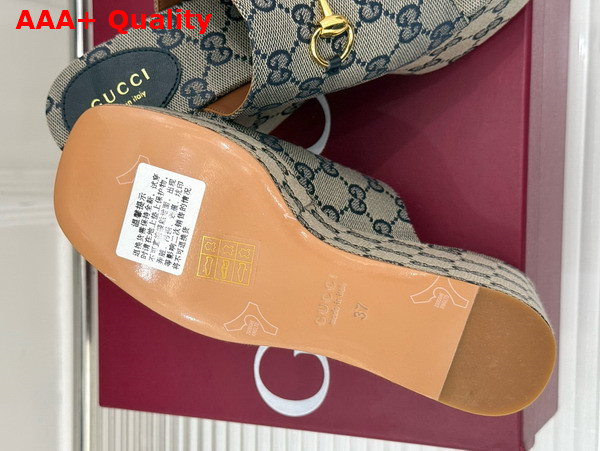 Gucci Womens Wedge Sandal with Horsebit Beige and Blue GG Canvas 816328 Replica