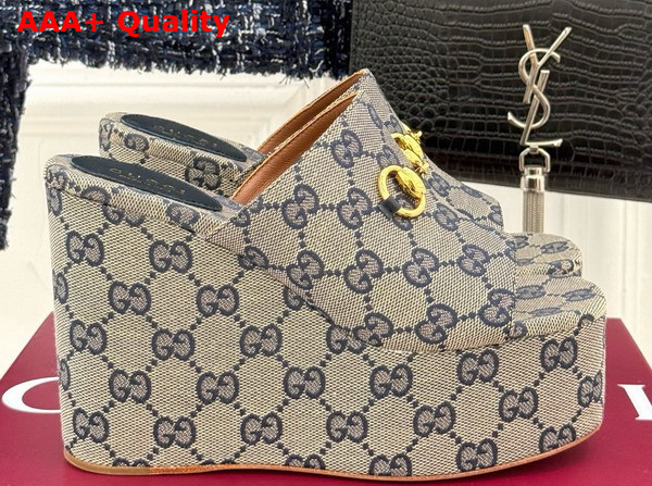 Gucci Womens Wedge Sandal with Horsebit Beige and Blue GG Canvas 816328 Replica