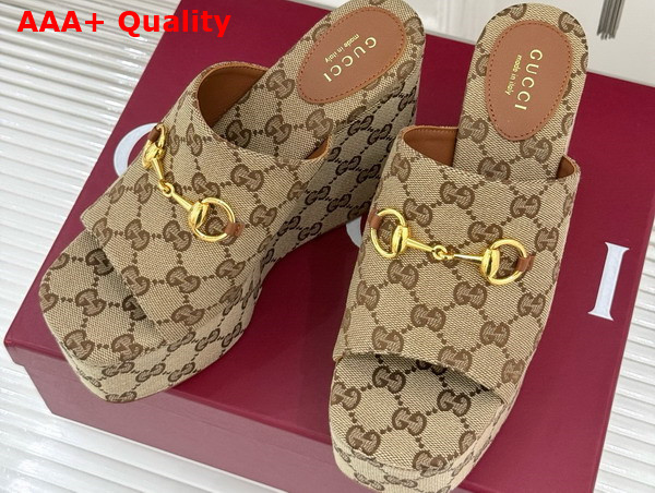 Gucci Womens Wedge Sandal with Horsebit Beige and Dark Brown GG Canvas 816328 Replica