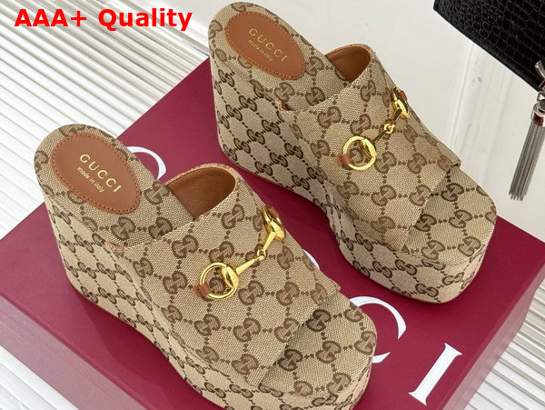 Gucci Womens Wedge Sandal with Horsebit Beige and Dark Brown GG Canvas 816328 Replica