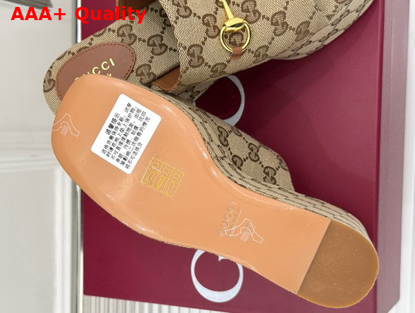 Gucci Womens Wedge Sandal with Horsebit Beige and Dark Brown GG Canvas 816328 Replica