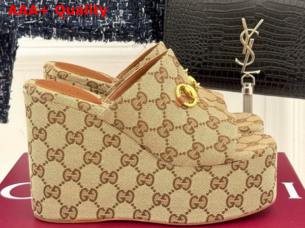 Gucci Womens Wedge Sandal with Horsebit Beige and Dark Brown GG Canvas 816328 Replica