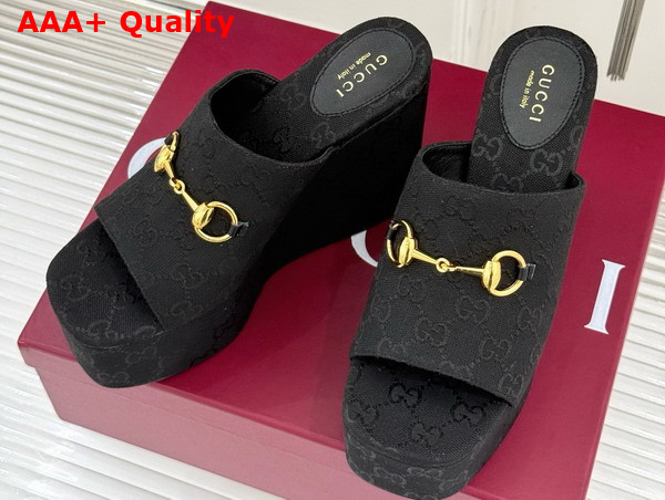 Gucci Womens Wedge Sandal with Horsebit Black GG Canvas 816328 Replica