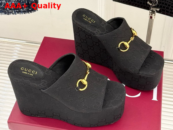 Gucci Womens Wedge Sandal with Horsebit Black GG Canvas 816328 Replica