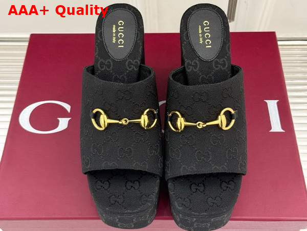 Gucci Womens Wedge Sandal with Horsebit Black GG Canvas 816328 Replica