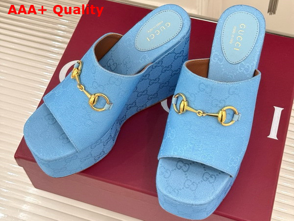 Gucci Womens Wedge Sandal with Horsebit Light Blue GG Canvas 816328 Replica