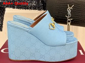 Gucci Womens Wedge Sandal with Horsebit Light Blue GG Canvas 816328 Replica