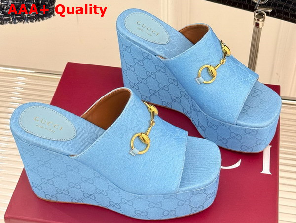 Gucci Womens Wedge Sandal with Horsebit Light Blue GG Canvas 816328 Replica