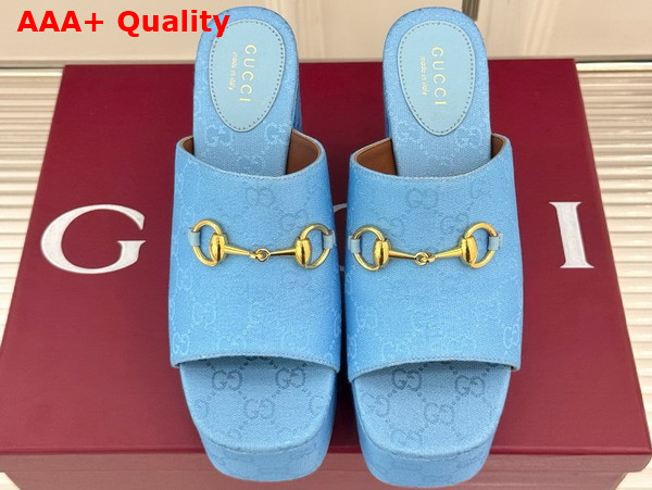 Gucci Womens Wedge Sandal with Horsebit Light Blue GG Canvas 816328 Replica