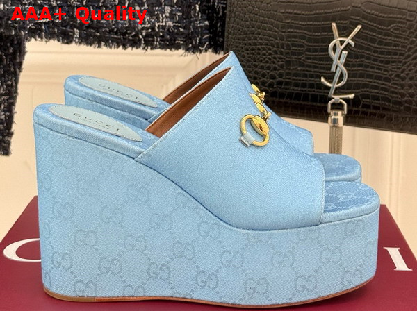 Gucci Womens Wedge Sandal with Horsebit Light Blue GG Canvas 816328 Replica