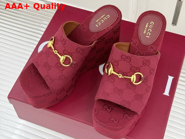 Gucci Womens Wedge Sandal with Horsebit Rosso Ancora Red GG Canvas 816328 Replica