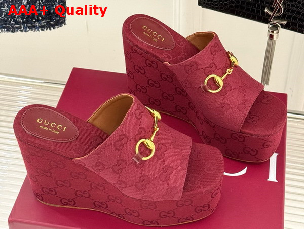 Gucci Womens Wedge Sandal with Horsebit Rosso Ancora Red GG Canvas 816328 Replica