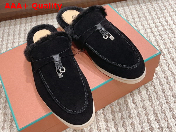 Loro Piana Charms Walk Babouche Loafers in Black Suede Leather Replica