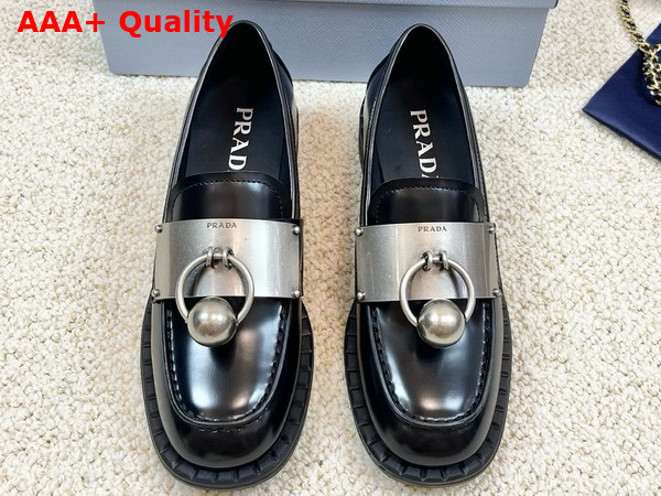 Prada Brushed Leather Loafers with Metal Details in Black 1D981N Replica