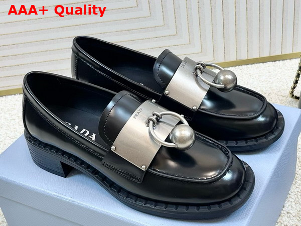 Prada Brushed Leather Loafers with Metal Details in Black 1D981N Replica
