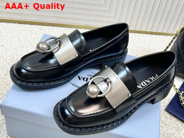 Prada Brushed Leather Loafers with Metal Details in Black 1D981N Replica