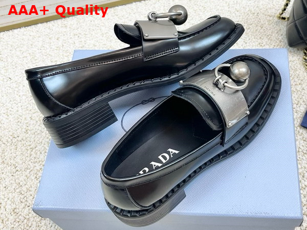 Prada Brushed Leather Loafers with Metal Details in Black 1D981N Replica